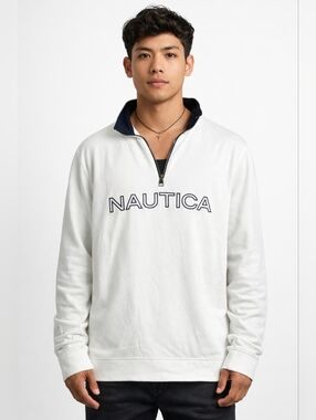 Nautica Bright White & Navy Blue Pullover 1/4 Zip Mens Sweatshirt